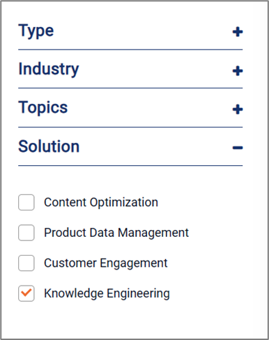 Four options under the heading of Solutions: Content Optimization (not selected), Product Data Management (not selected), Customer Engagement (not selected), and Knowledge Engineering (selected). 